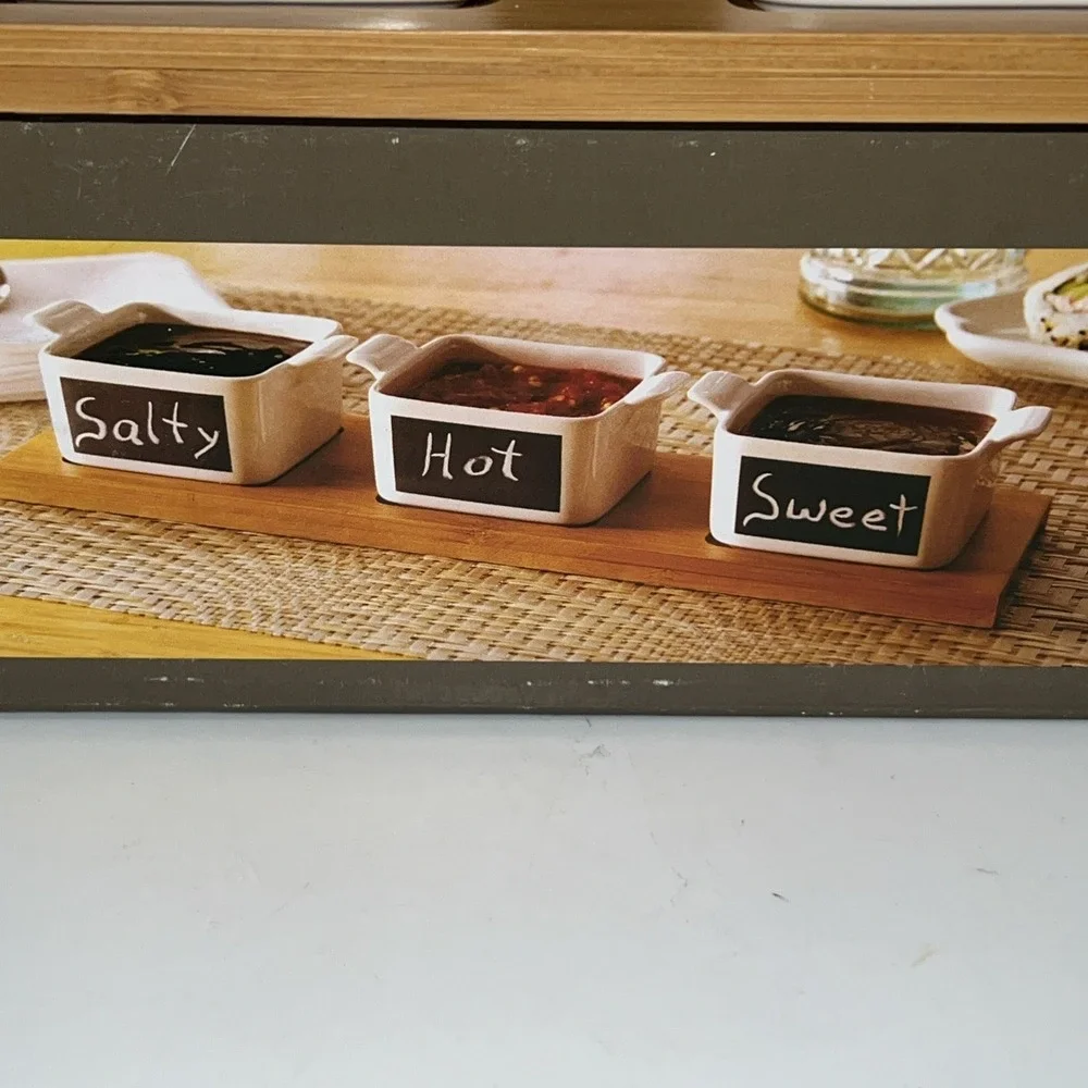 Pier‎ 1 Imports Chalkboard Serving Bowl Set Ceramic Bamboo Wood Tray 2693940